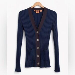 Tory Burch Simone Navy Brown Ribbed 100% Cotton V Neck Button Knit Cardigan S